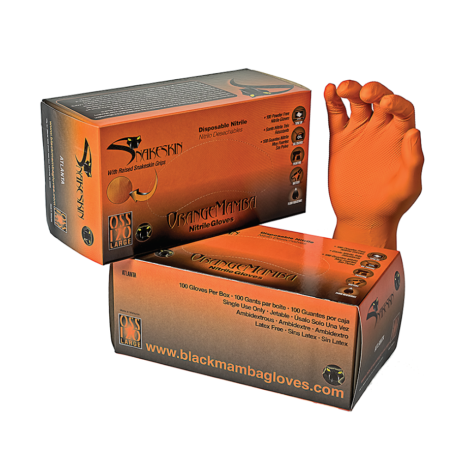 Orange Mamba Diamond Textured Heavy Duty Nitrile Gloves QTY Box of 100