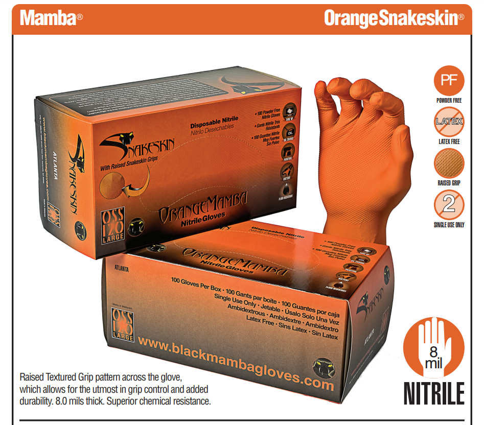 Orange Mamba Diamond Textured Heavy Duty Nitrile Gloves QTY Box of 100