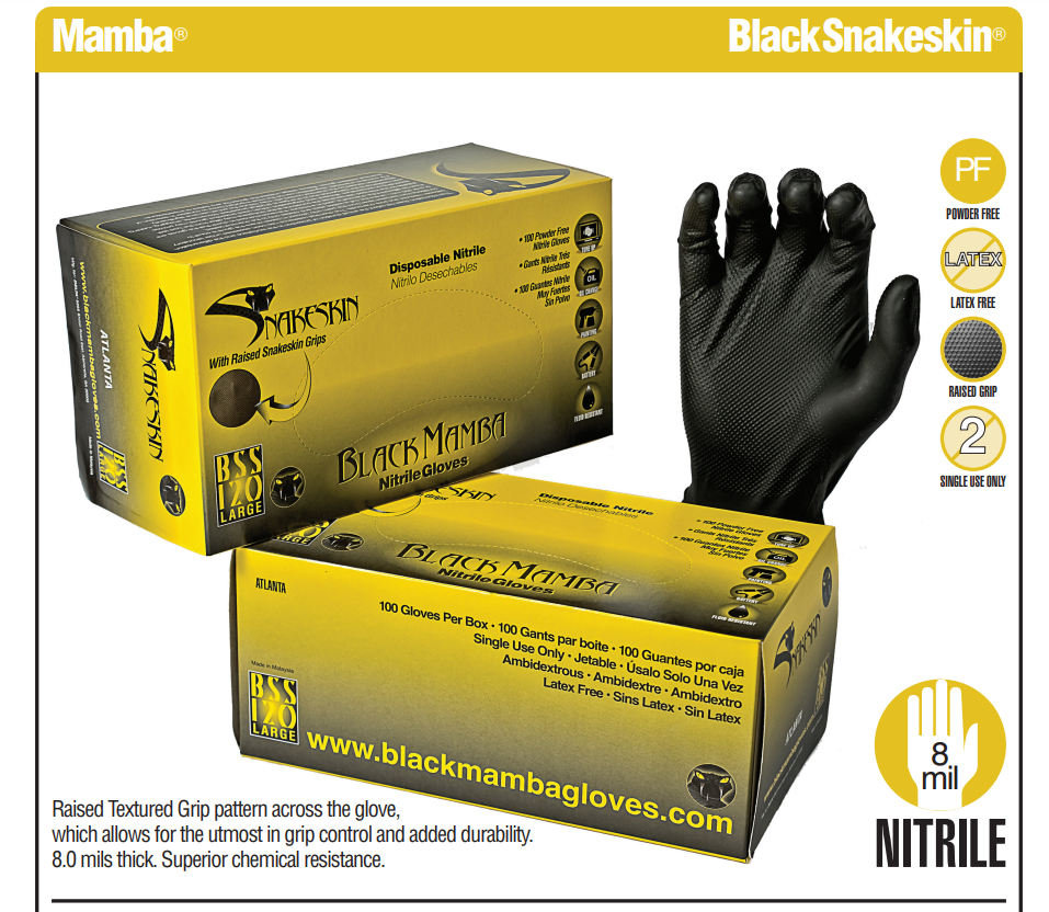 Black Mamba Diamond Textured Heavy Duty Nitrile Gloves QTY Box of 100