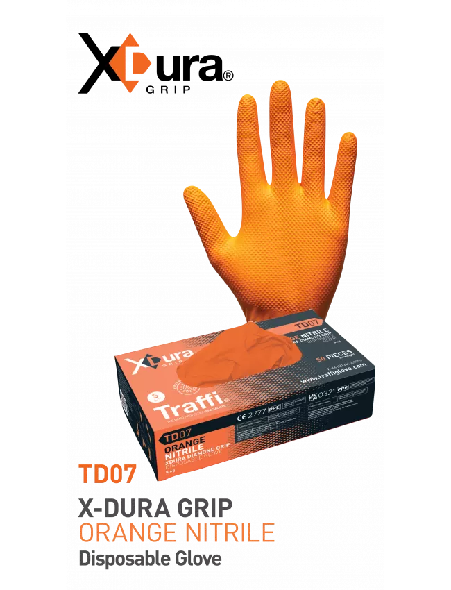 Orange Nitrile Gloves With Diamond Textured Grip QTY 500 From Traffi